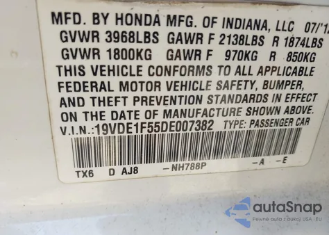 2013 Acura Ilx 2.0L из США, поврежденный, VIN 19VDE1F55DE007382